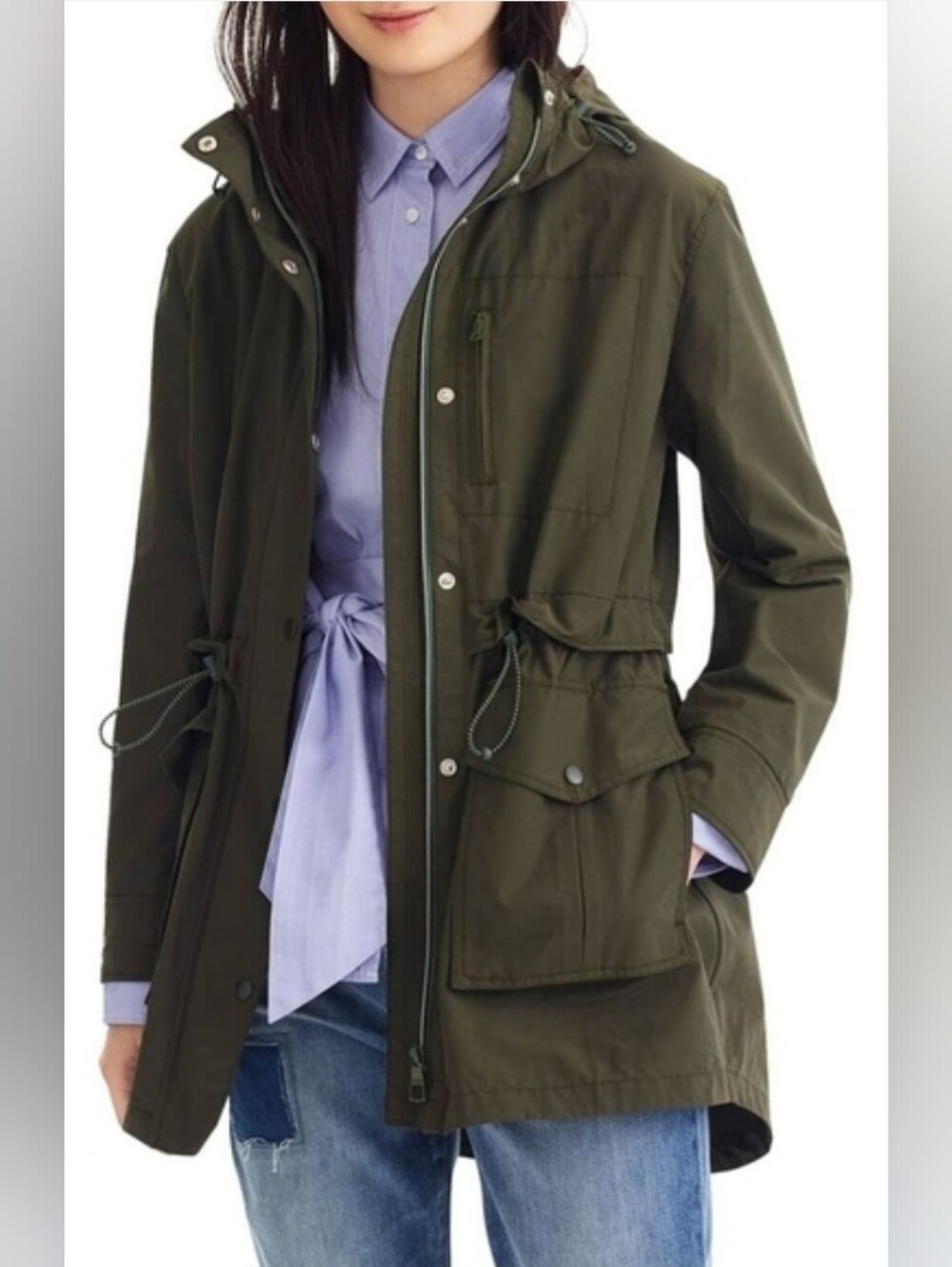 Nwt New J.Crew Perfect Rain Jacket Coat Medium Dark Moss Olive